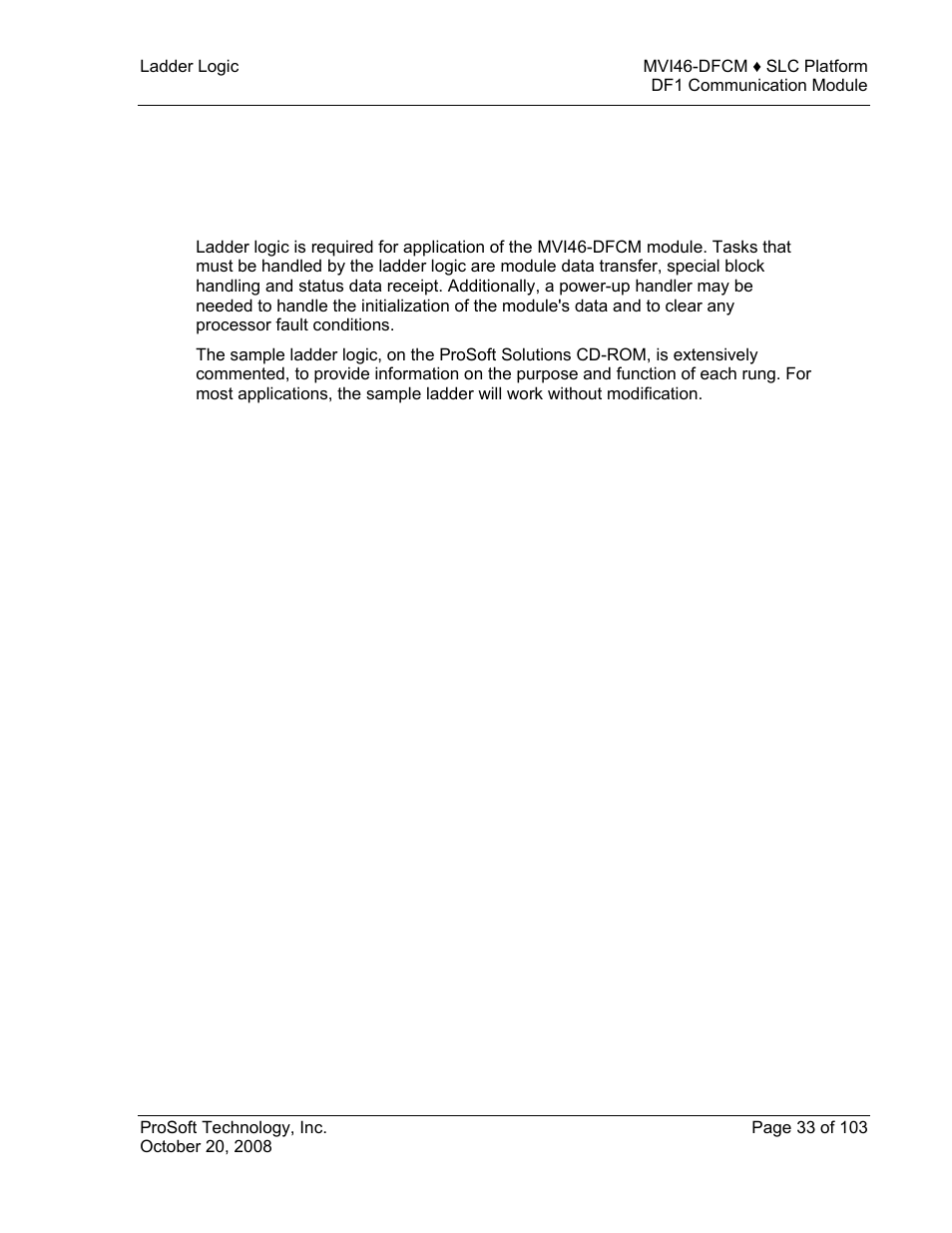 Ladder logic, 3 ladder logic | ProSoft Technology MVI46-DFCM User Manual | Page 33 / 103