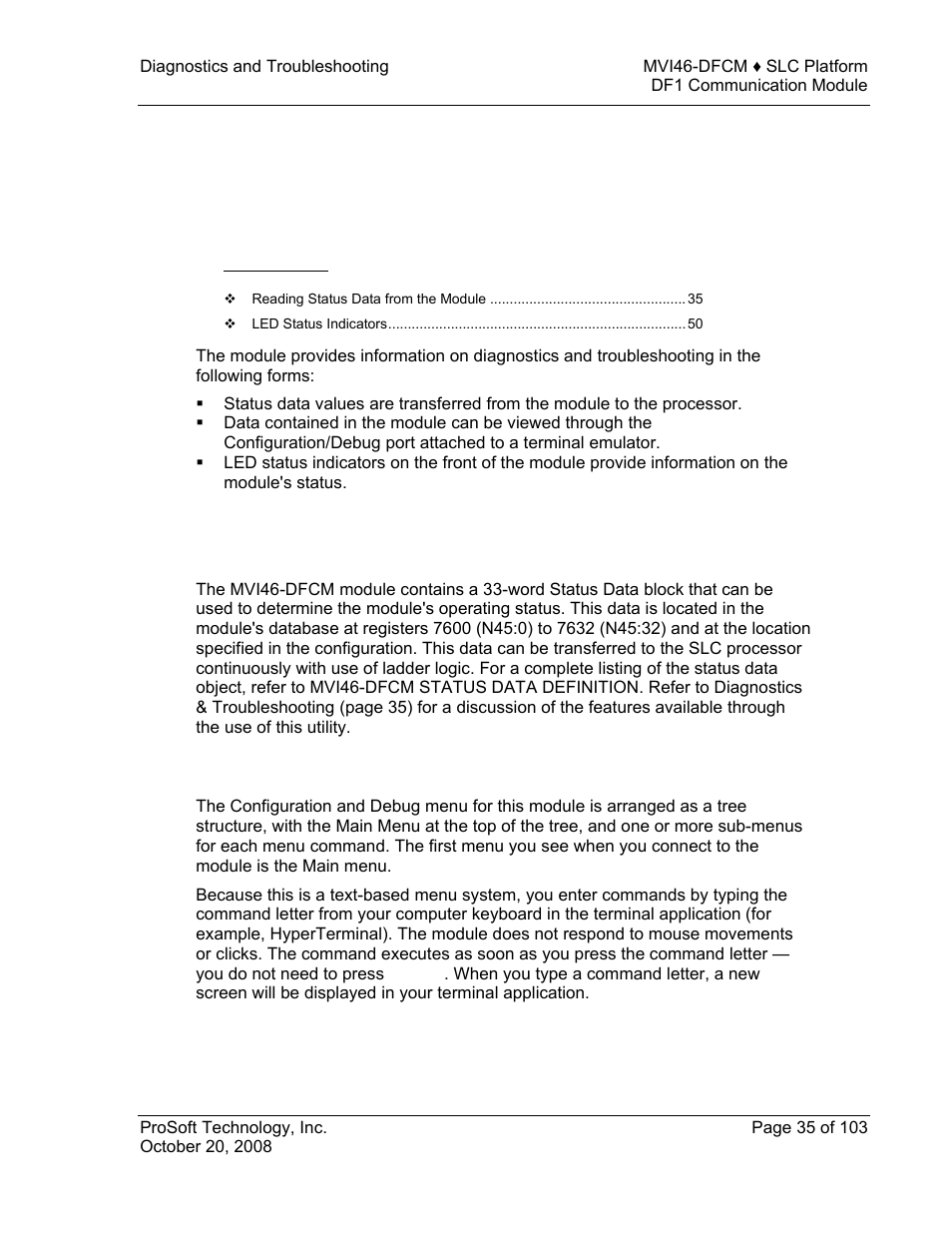 Diagnostics and troubleshooting, Reading status data from the module, E 35) | 4 diagnostics and troubleshooting | ProSoft Technology MVI46-DFCM User Manual | Page 35 / 103