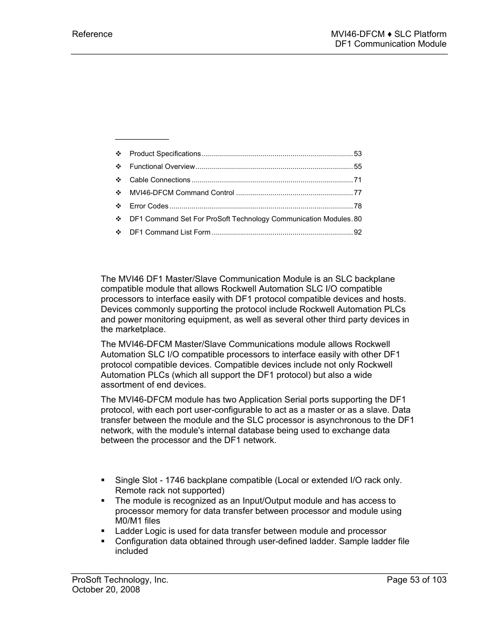 Reference, Product specifications, Ge 53) | 5 reference | ProSoft Technology MVI46-DFCM User Manual | Page 53 / 103