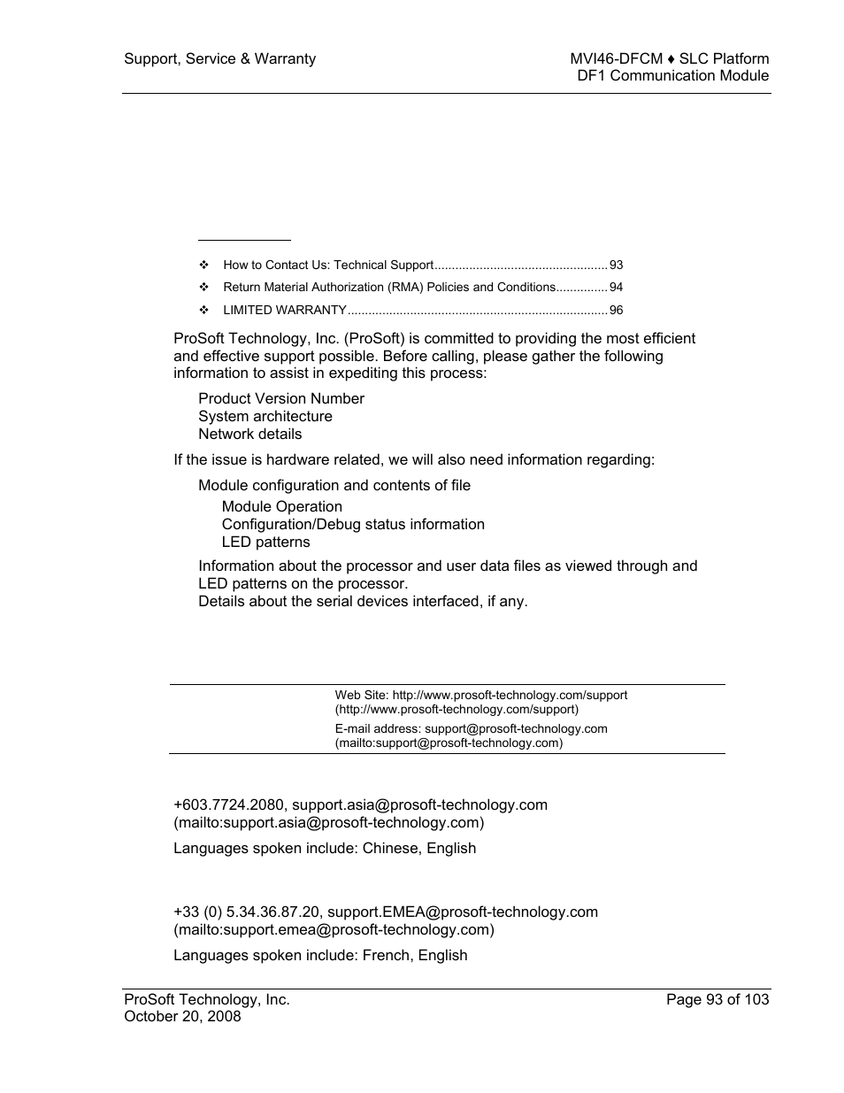 Support, service & warranty, How to contact us: technical support, 6support, service & warranty | ProSoft Technology MVI46-DFCM User Manual | Page 93 / 103