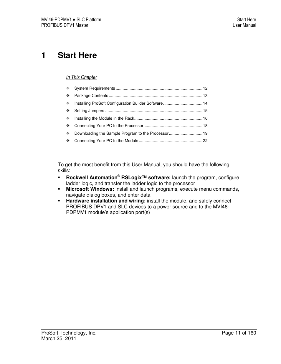 1start here | ProSoft Technology MVI46-PDPMV1 User Manual | Page 11 / 160