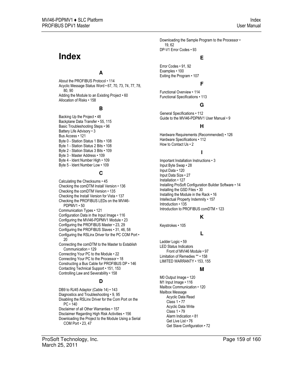 Index | ProSoft Technology MVI46-PDPMV1 User Manual | Page 159 / 160