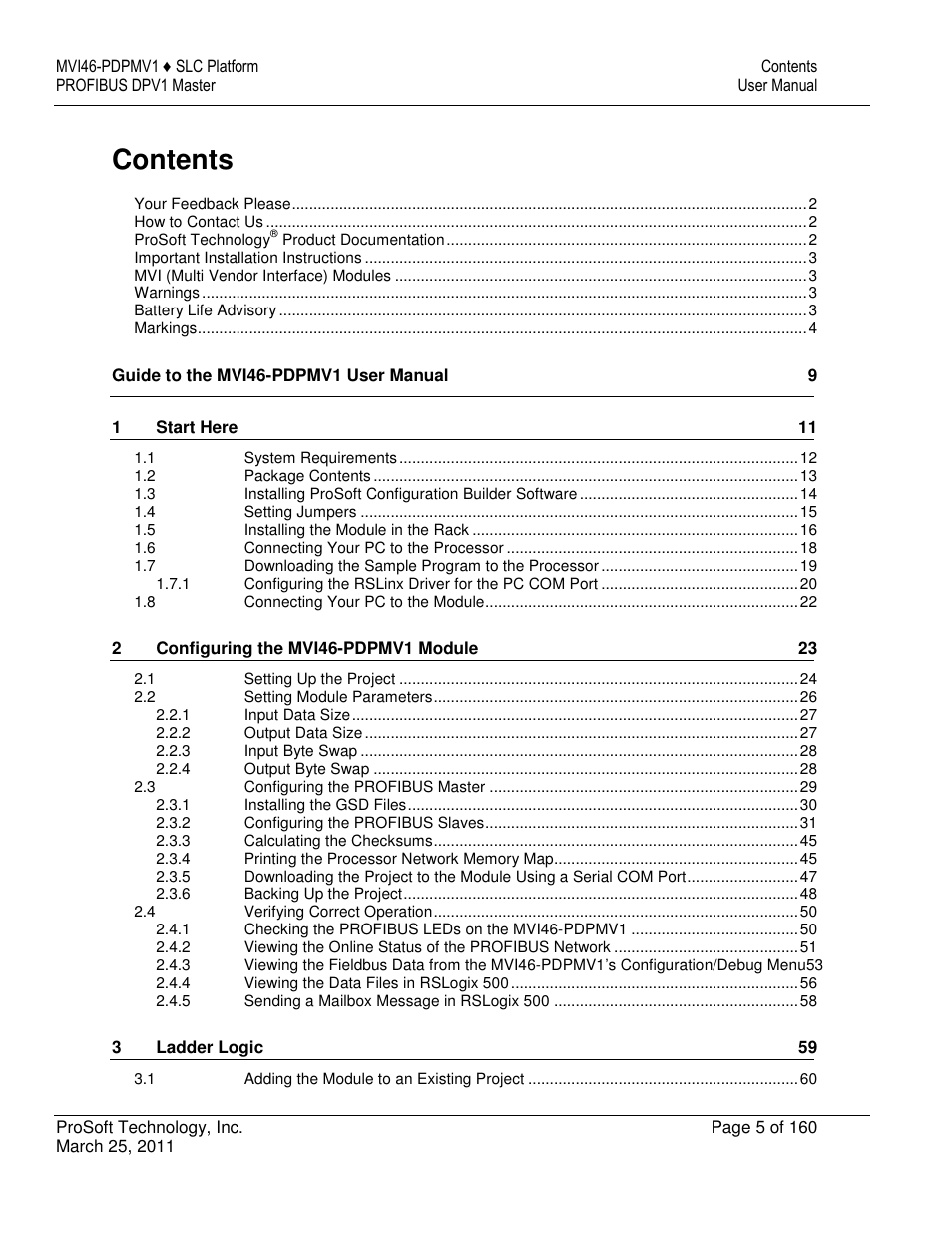 ProSoft Technology MVI46-PDPMV1 User Manual | Page 5 / 160