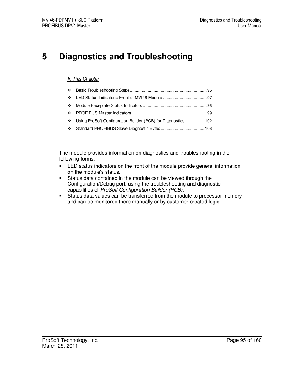 5diagnostics and troubleshooting | ProSoft Technology MVI46-PDPMV1 User Manual | Page 95 / 160