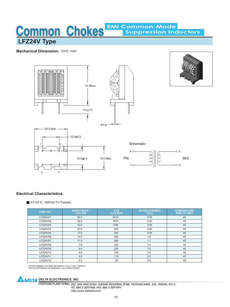 Delta Electronics Suppression Inductors LFZ24V User Manual | 1 page