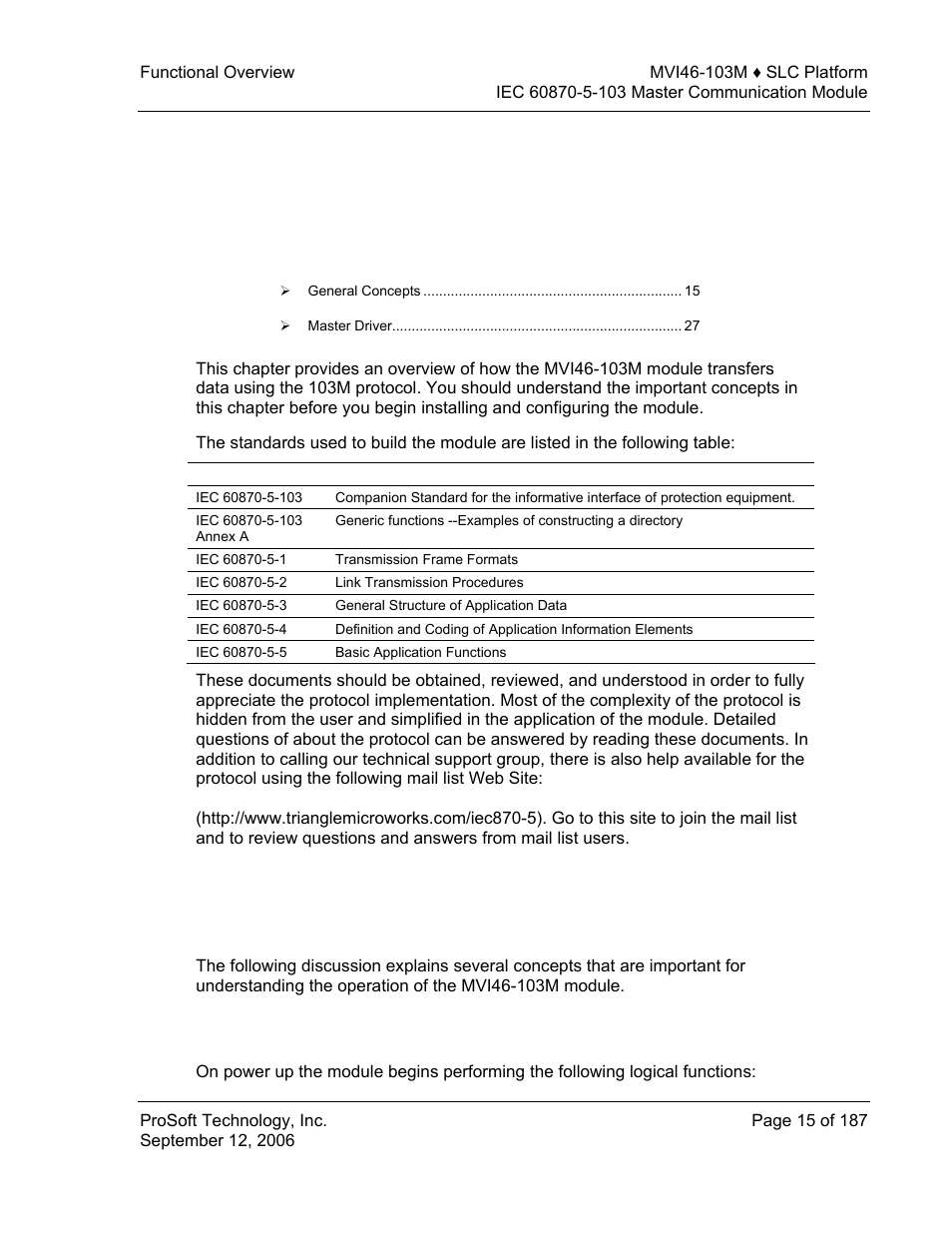 Functional overview, General concepts, Module power up | 3 functional overview | ProSoft Technology MVI46-103M User Manual | Page 15 / 187