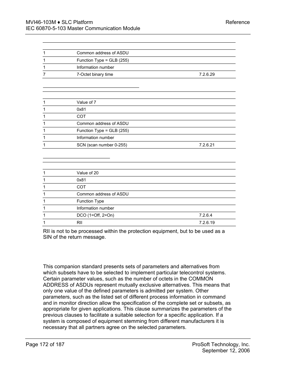 Type 7 - initiation of general interrogation, Type 20 - general command, Protocol interoperability documentation | Protocol, Interoperability documentation | ProSoft Technology MVI46-103M User Manual | Page 172 / 187