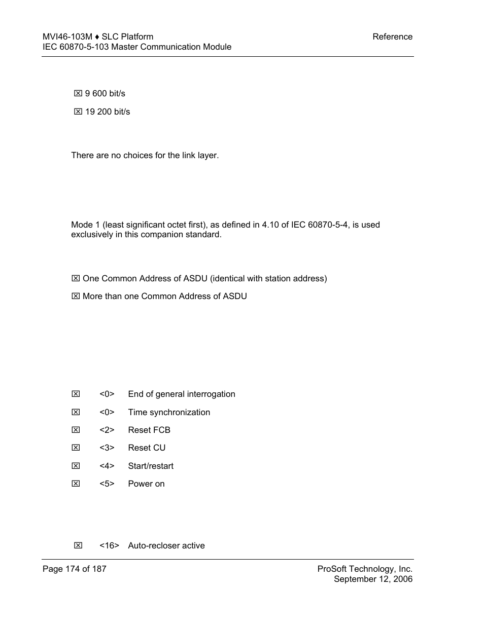 Transmission speed, Link layer, Application layer | Transmission mode for application data, Common address of asdu, System functions in monitor direction, Status indications in monitor direction | ProSoft Technology MVI46-103M User Manual | Page 174 / 187