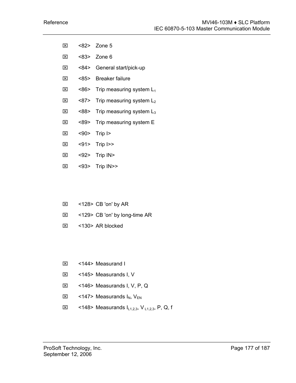 Auto-reclosure indications in monitor direction, Measurands in monitor direction, Generic functions in monitor direction | ProSoft Technology MVI46-103M User Manual | Page 177 / 187