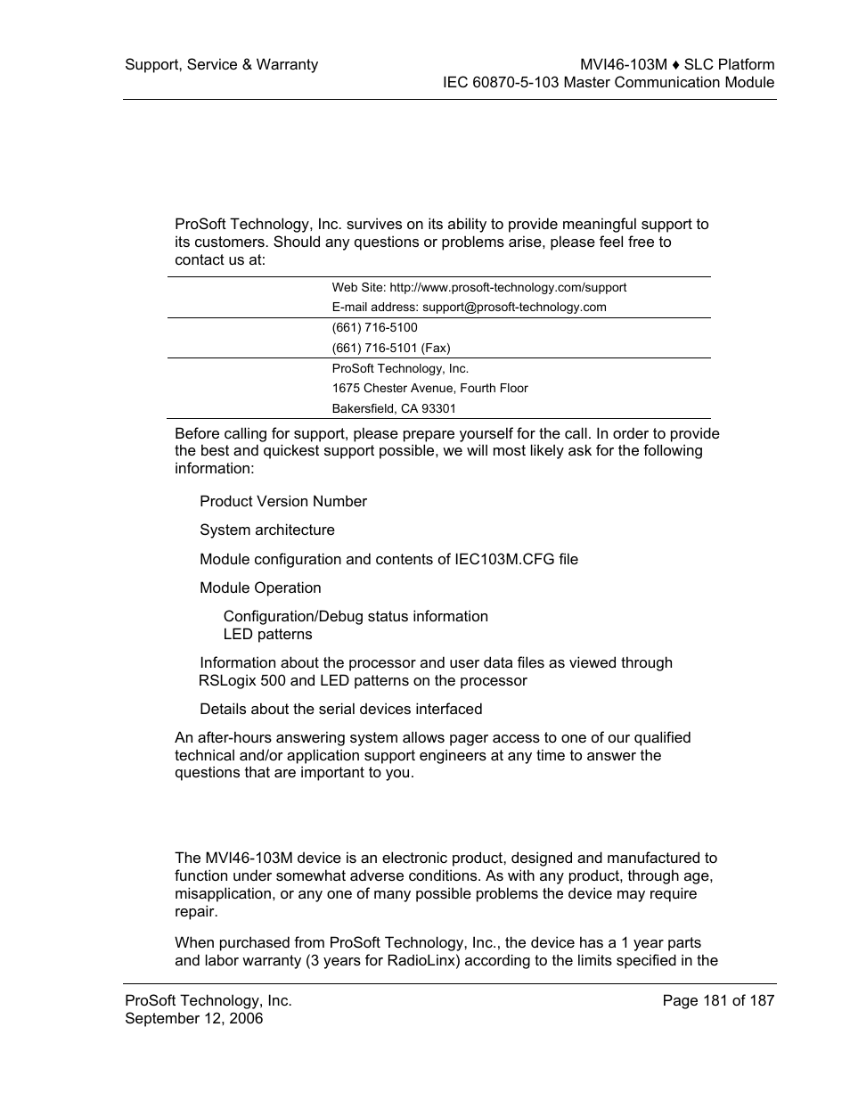 Support, service & warranty, Module service and repair | ProSoft Technology MVI46-103M User Manual | Page 181 / 187