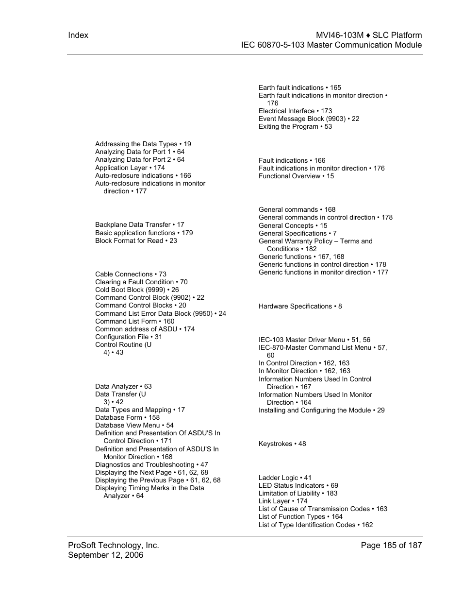 Index | ProSoft Technology MVI46-103M User Manual | Page 185 / 187