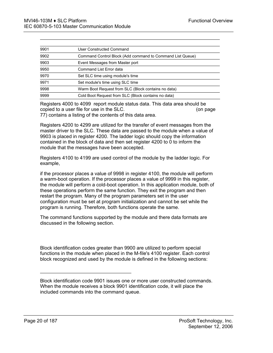 Command control blocks, User constructed command block (9901) | ProSoft Technology MVI46-103M User Manual | Page 20 / 187