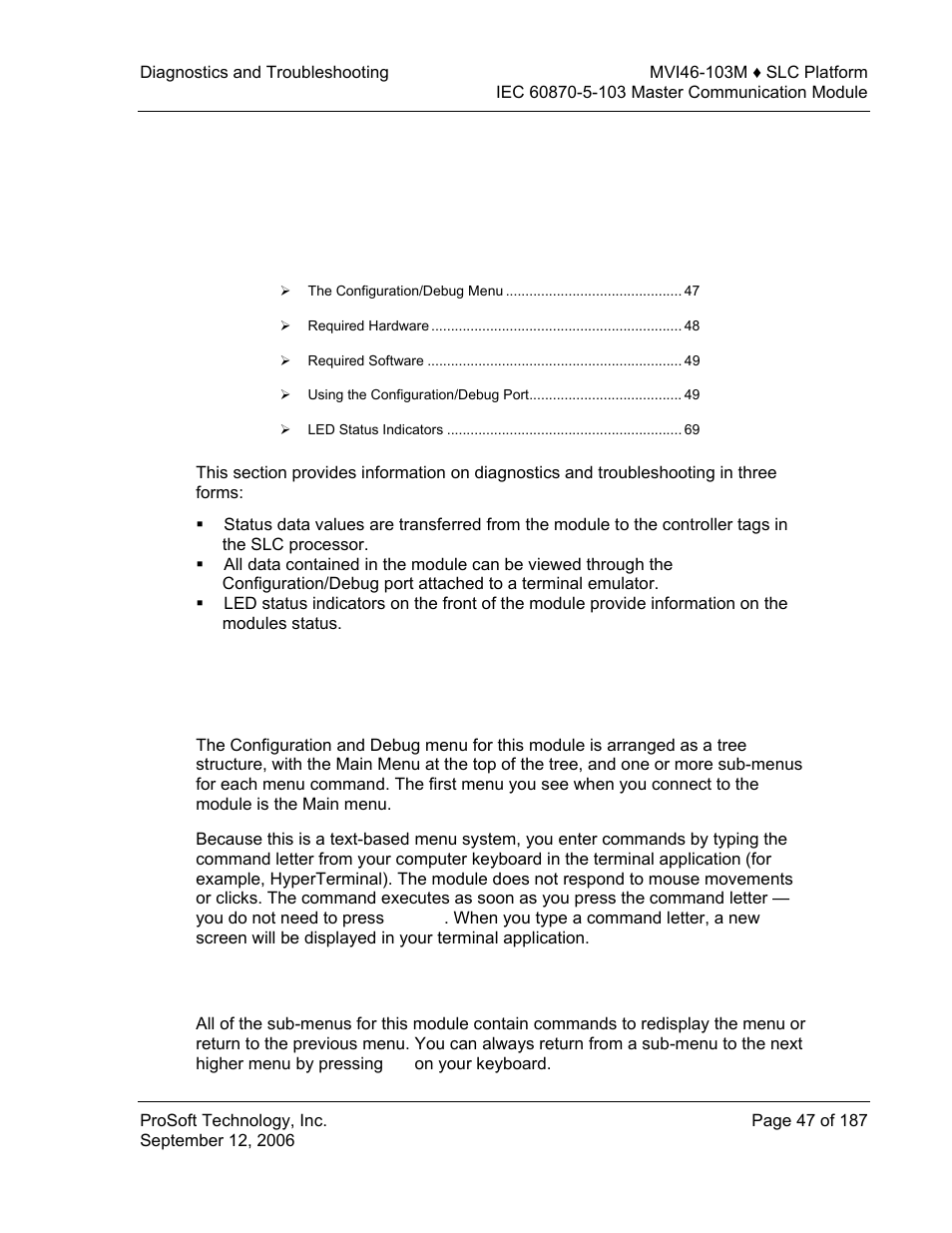 Diagnostics and troubleshooting, The configuration/debug menu, Navigation | 6 diagnostics and troubleshooting | ProSoft Technology MVI46-103M User Manual | Page 47 / 187