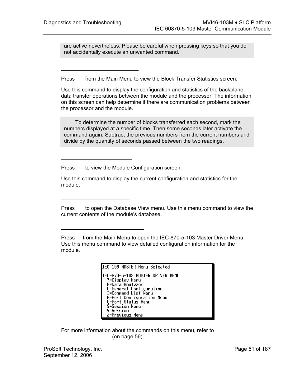 Viewing block transfer statistics, Viewing module configuration, Opening the database menu | Opening the iec-103 master menu | ProSoft Technology MVI46-103M User Manual | Page 51 / 187