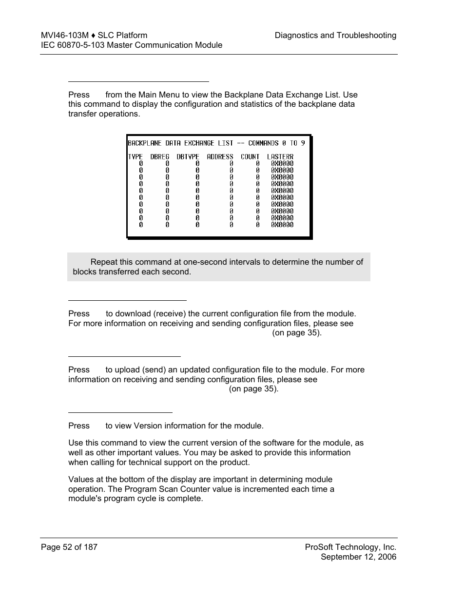 Viewing the backplane command list, Receiving the configuration file, Sending the configuration file | Viewing version information | ProSoft Technology MVI46-103M User Manual | Page 52 / 187