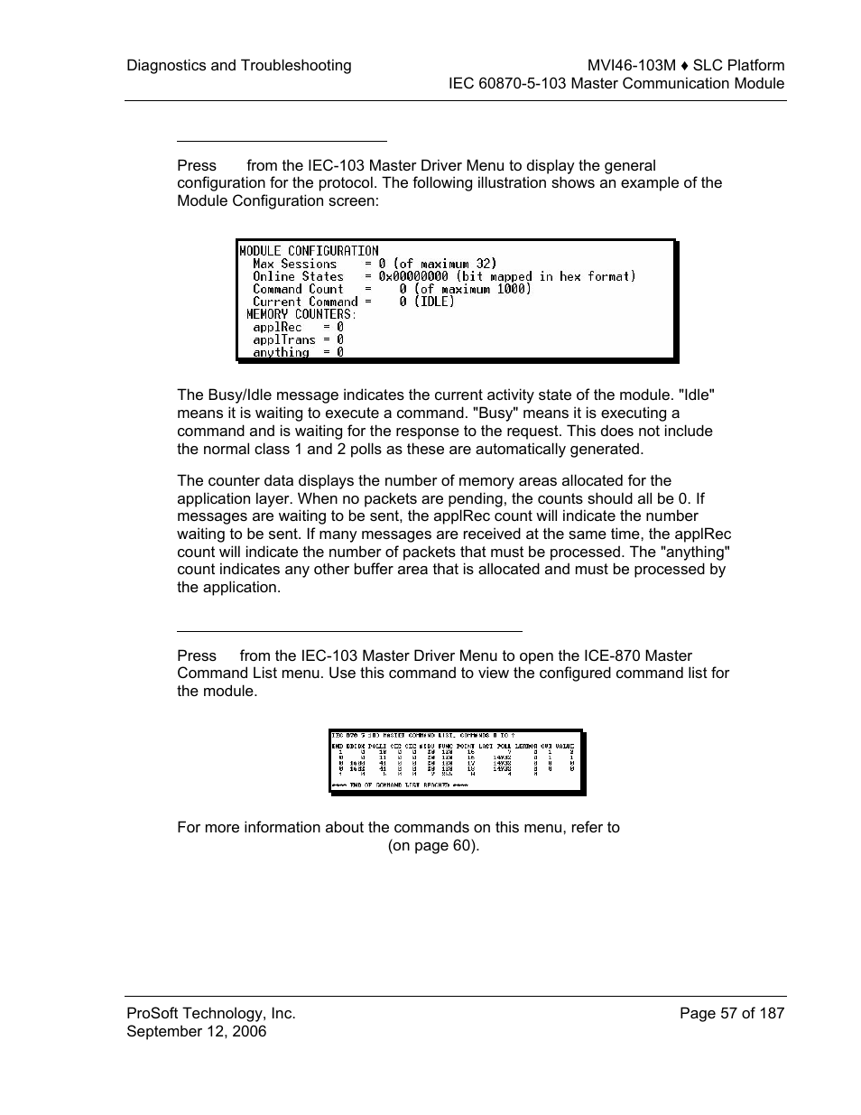 Viewing general configuration, Opening the iec-870-master command list menu | ProSoft Technology MVI46-103M User Manual | Page 57 / 187