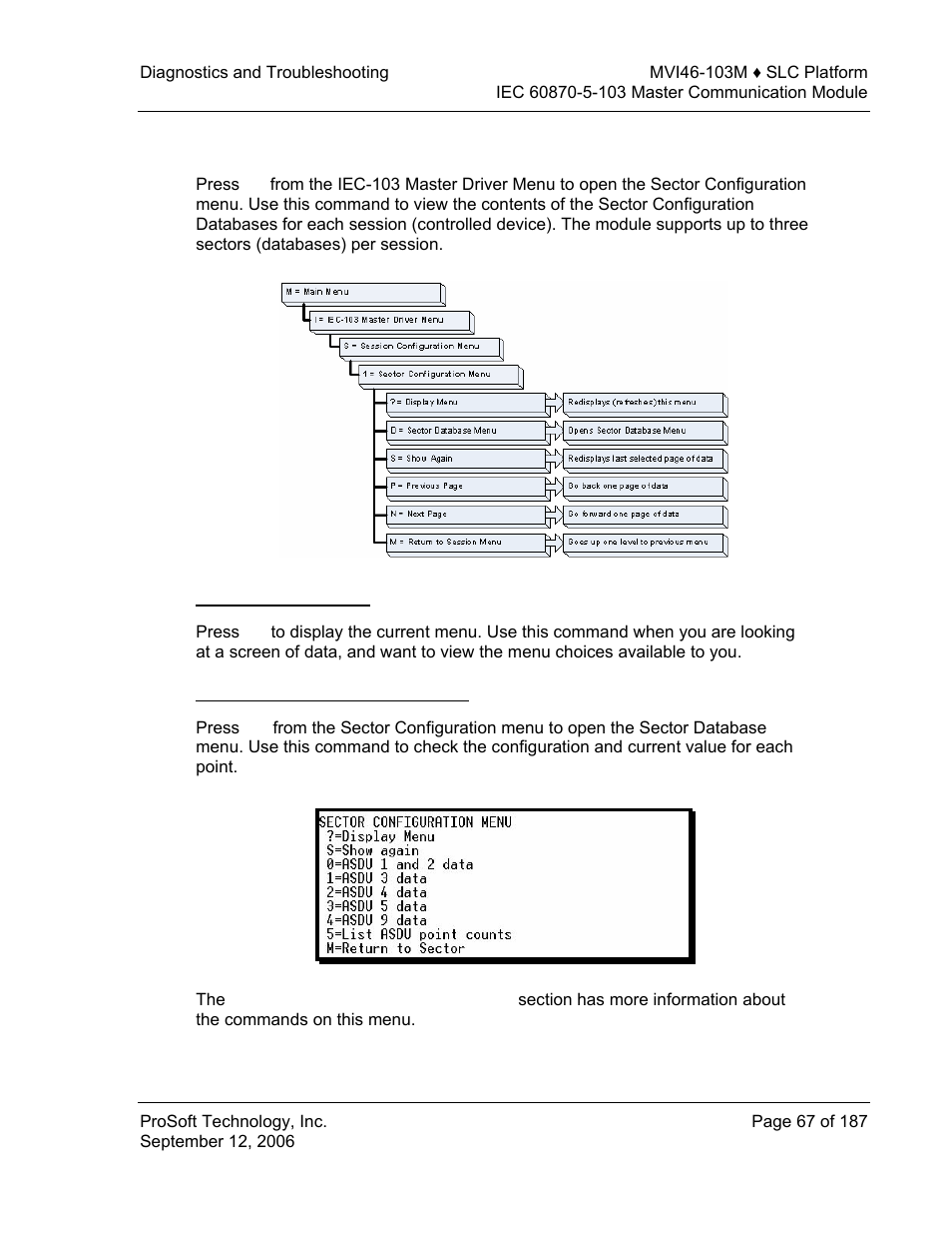 Sector configuration menu, Redisplaying the menu, Opening the sector database menu | ProSoft Technology MVI46-103M User Manual | Page 67 / 187