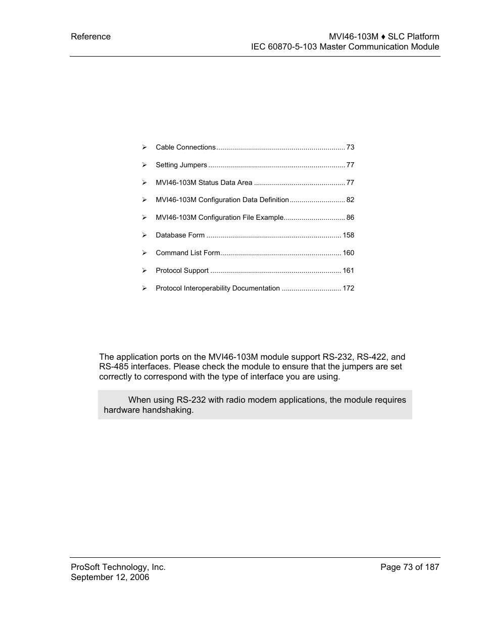 Reference, Cable connections, 7 reference | ProSoft Technology MVI46-103M User Manual | Page 73 / 187
