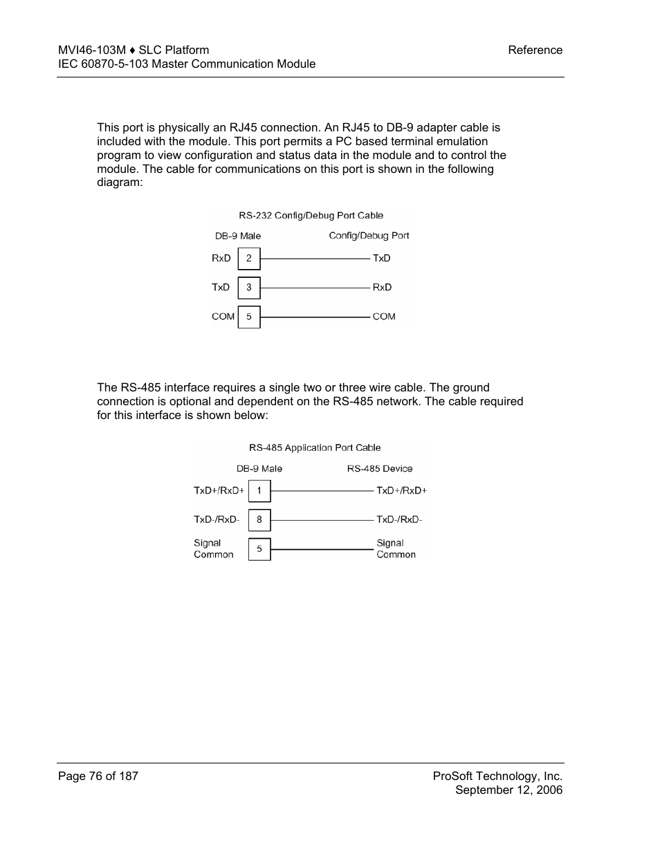 Rs-232 configuration/debug port, Rs-485 | ProSoft Technology MVI46-103M User Manual | Page 76 / 187