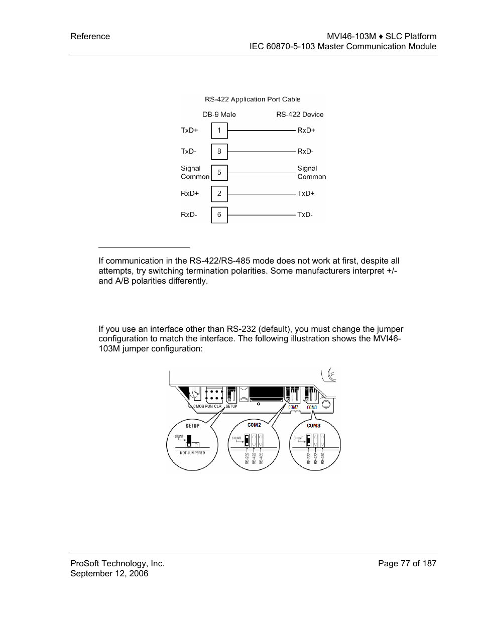 Rs-422, Rs-485 and rs-422 tip, Setting jumpers | Setting, Jumpers, Mvi46-103m, Status data area | ProSoft Technology MVI46-103M User Manual | Page 77 / 187