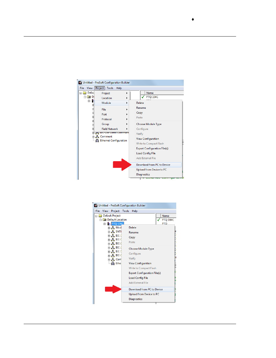 1 downloading the project via serial connection, Downloading the project via serial connection | ProSoft Technology PTQ-104C User Manual | Page 76 / 136
