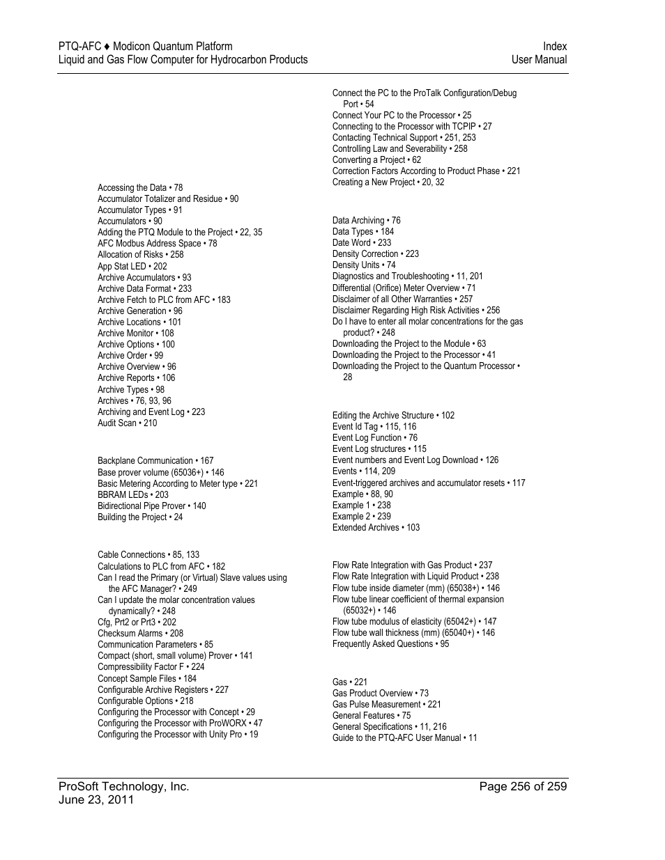 Index | ProSoft Technology PTQ-AFC User Manual | Page 256 / 259