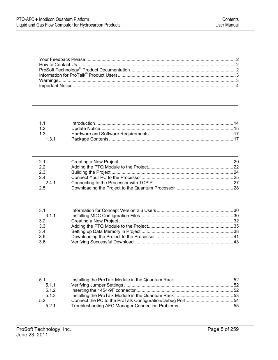 ProSoft Technology PTQ-AFC User Manual | Page 5 / 259