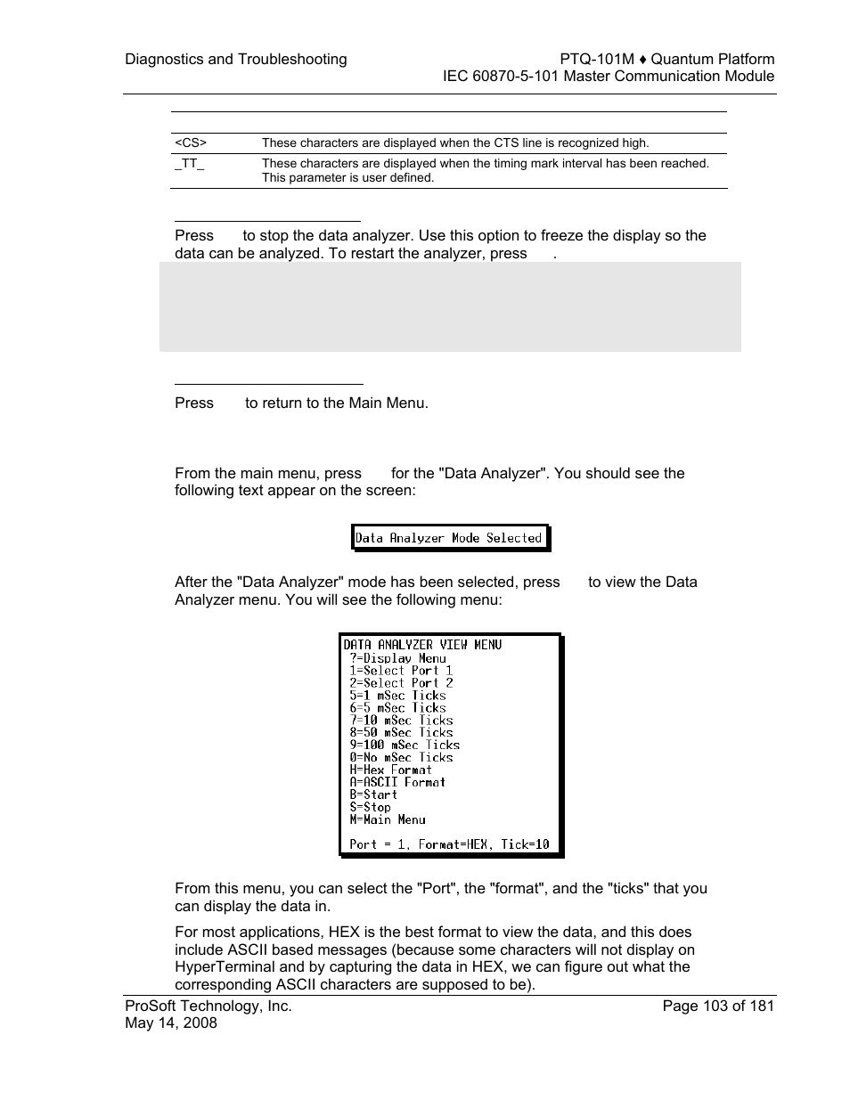 Stopping the data analyzer, Returning to the main menu, Data analyzer tips | ProSoft Technology PTQ-101M User Manual | Page 103 / 181
