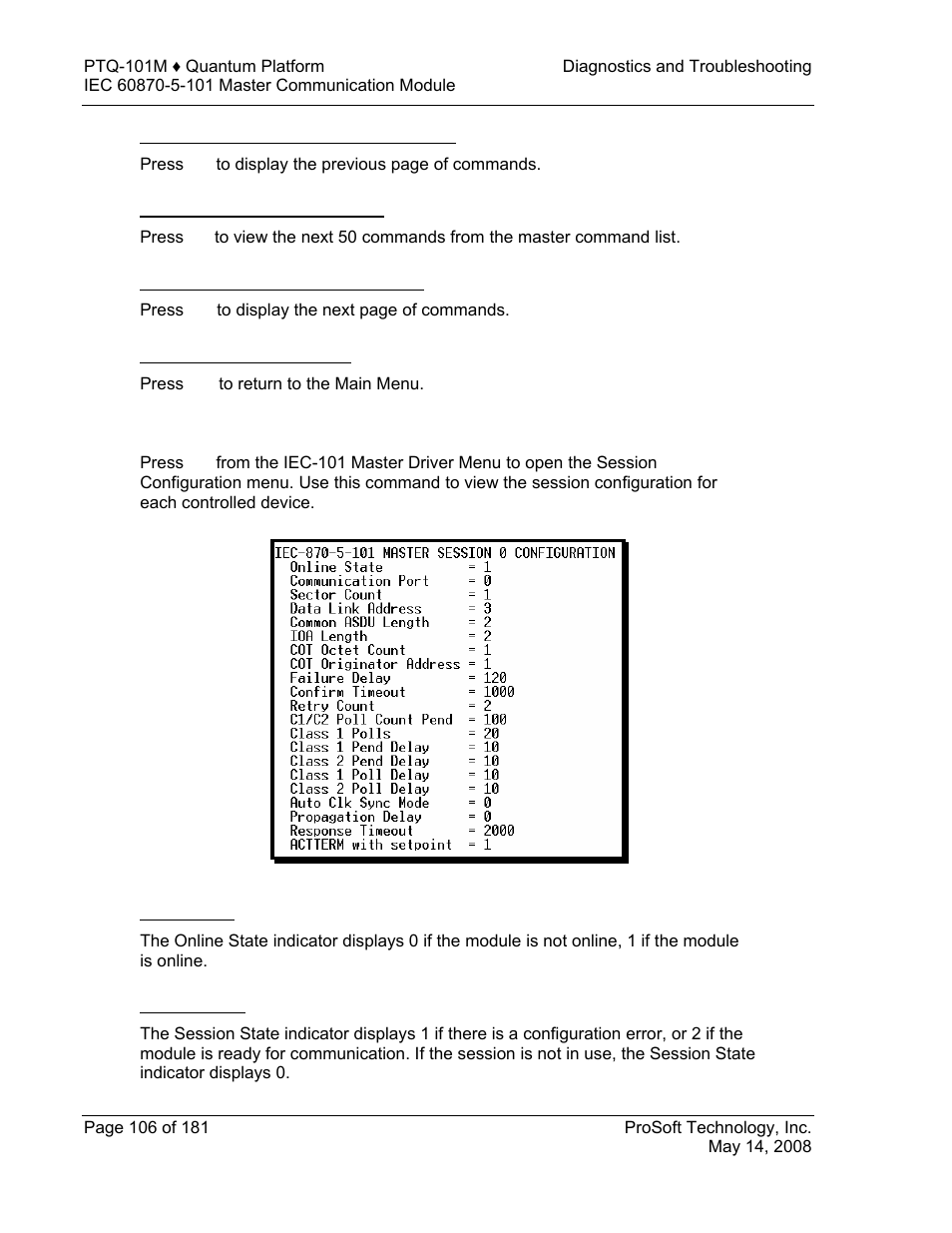 Viewing the next 50 commands, Returning to the main menu, Session configuration menu | Online state, Session state | ProSoft Technology PTQ-101M User Manual | Page 106 / 181