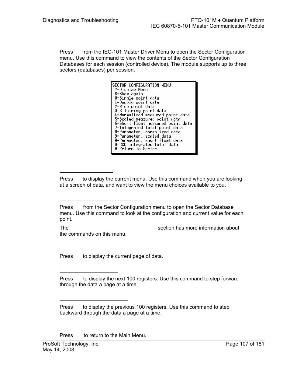 Sector configuration menu, Redisplaying the menu, Opening the sector database menu | Returning to the main menu | ProSoft Technology PTQ-101M User Manual | Page 107 / 181