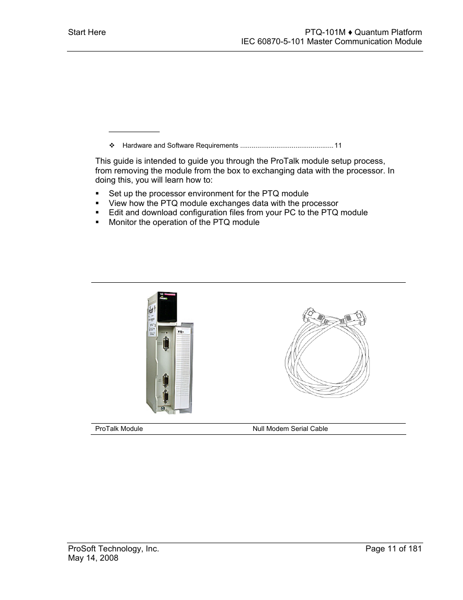 Start here, Hardware and software requirements, Protalk module carton contents | 1 start here | ProSoft Technology PTQ-101M User Manual | Page 11 / 181