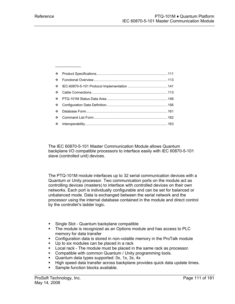 Reference, Product specifications, Features and benefits | General specifications, E 111), 7 reference | ProSoft Technology PTQ-101M User Manual | Page 111 / 181
