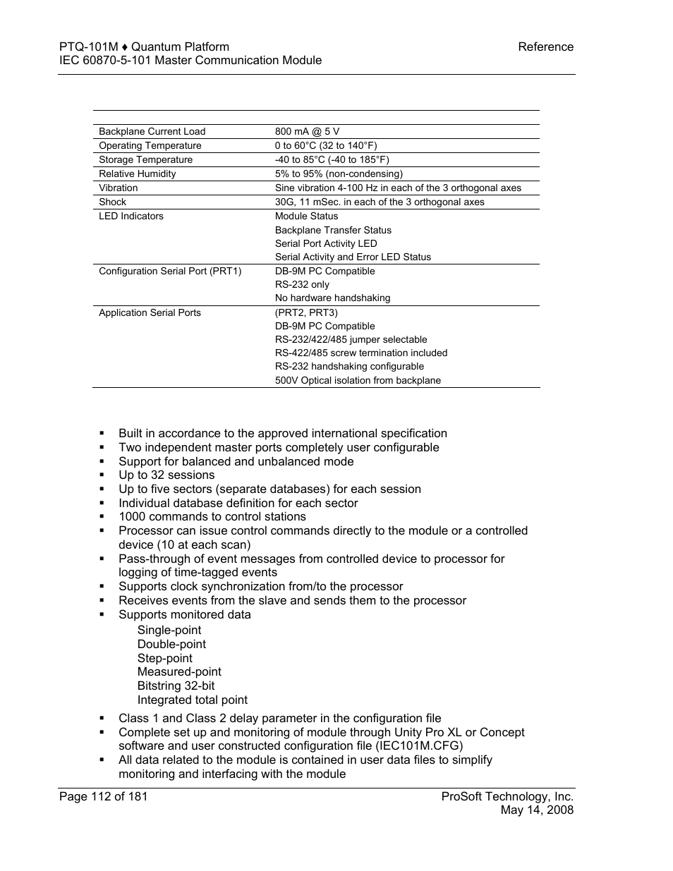 Hardware specifications, Functional specifications | ProSoft Technology PTQ-101M User Manual | Page 112 / 181