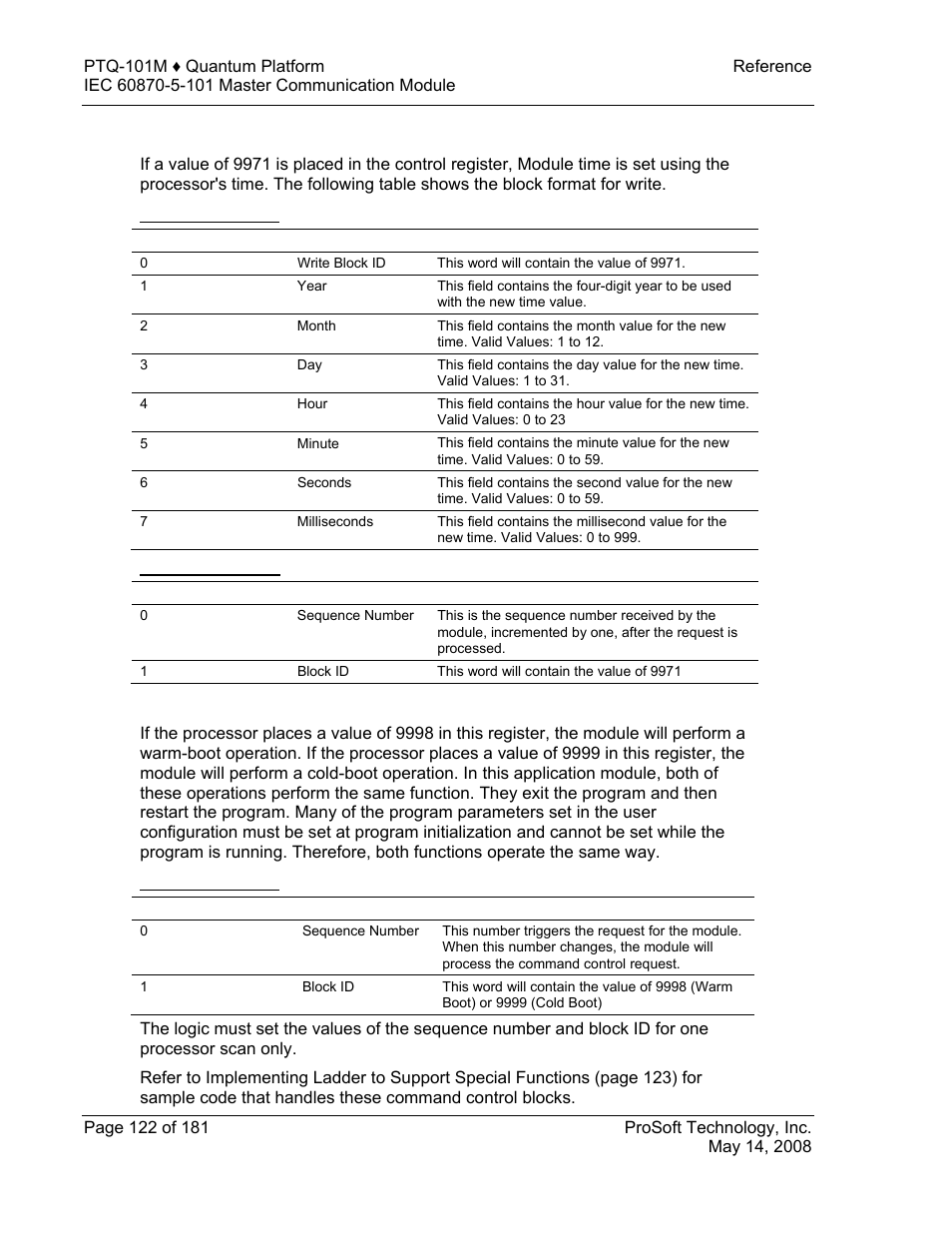 Set module's time using processor time (9971), Block format for write, Block format for read | Warm boot (9998) or cold boot (9999) | ProSoft Technology PTQ-101M User Manual | Page 122 / 181