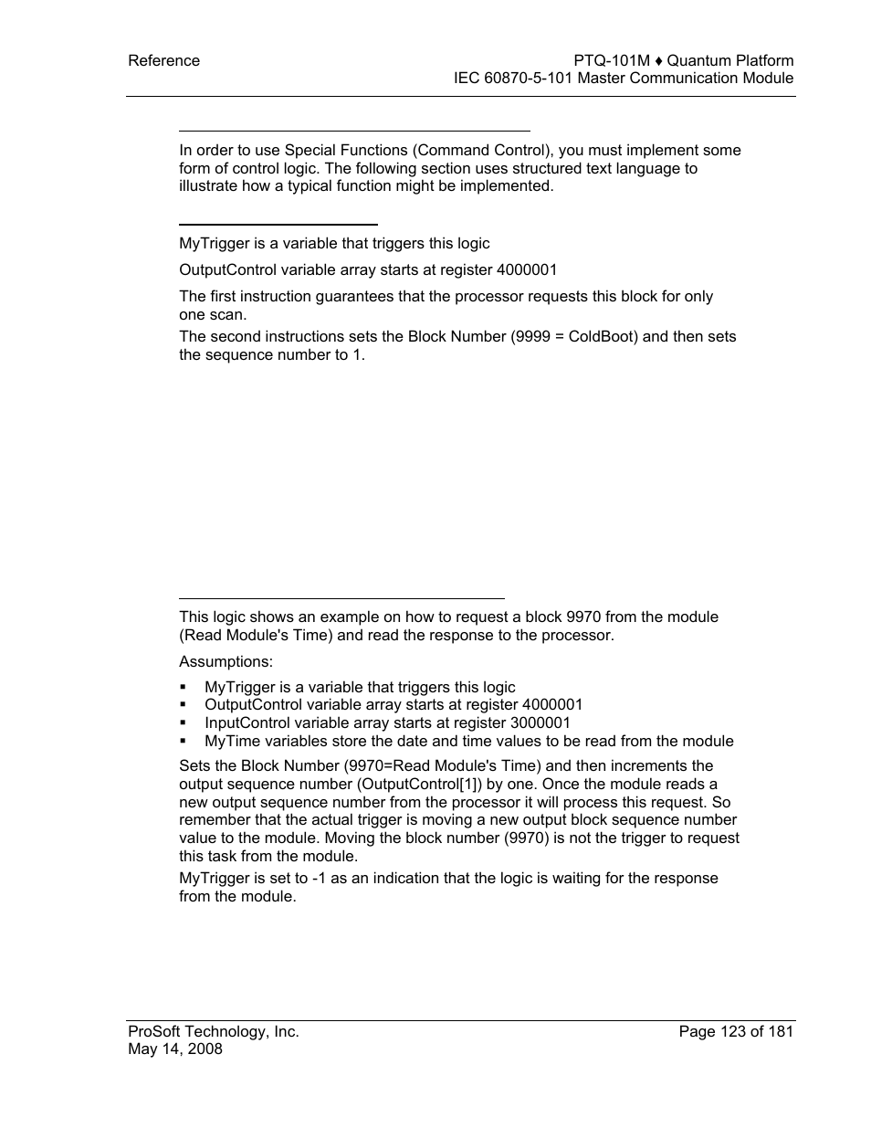 Implementing ladder to support special functions, Example: rebooting the module | ProSoft Technology PTQ-101M User Manual | Page 123 / 181