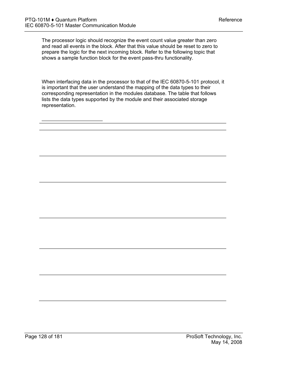 Data type mapping and addressing, Iec-870-5-101 data types, 3 data type mapping and addressing | ProSoft Technology PTQ-101M User Manual | Page 128 / 181