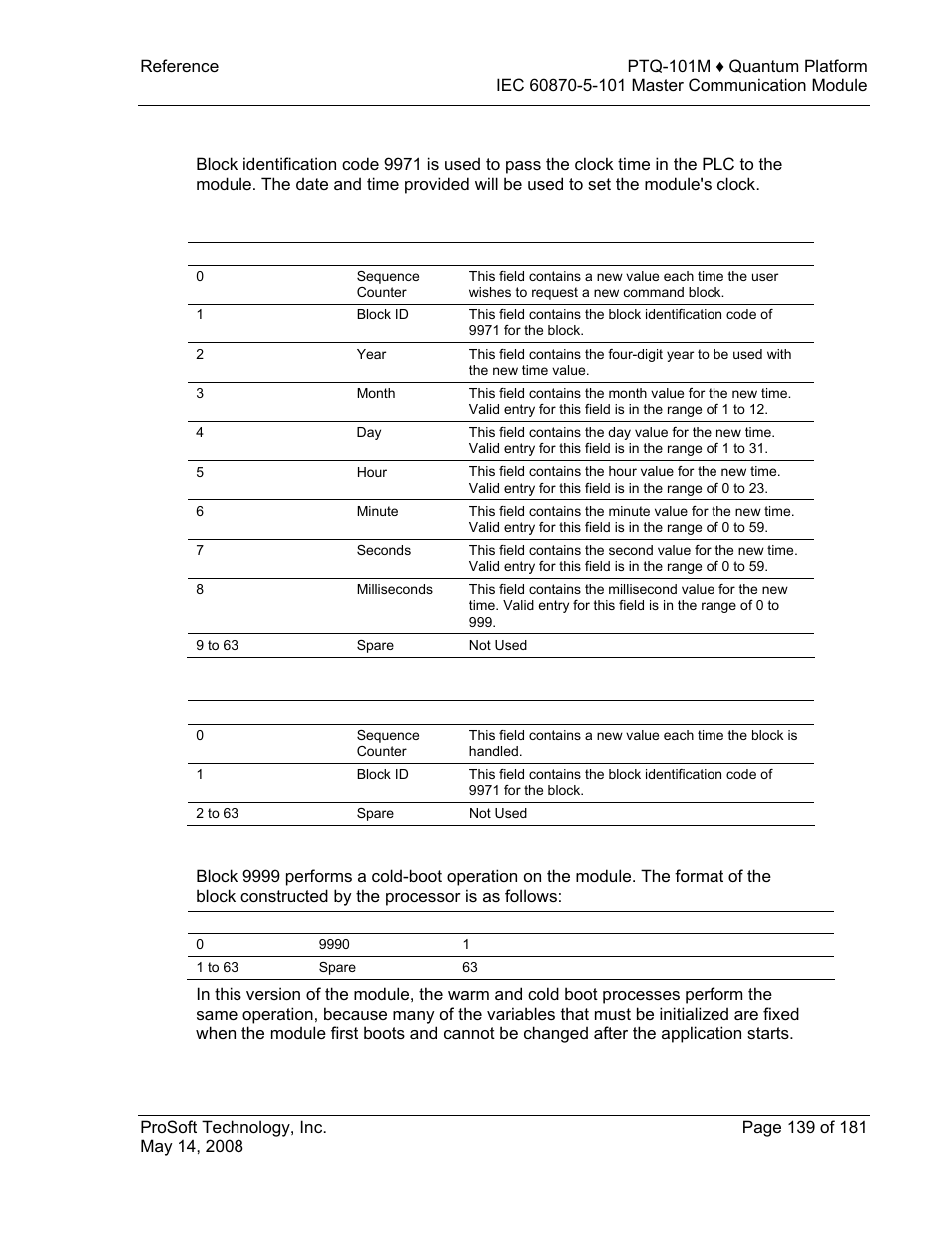 Set module time block (9971), Cold boot block (9999) | ProSoft Technology PTQ-101M User Manual | Page 139 / 181