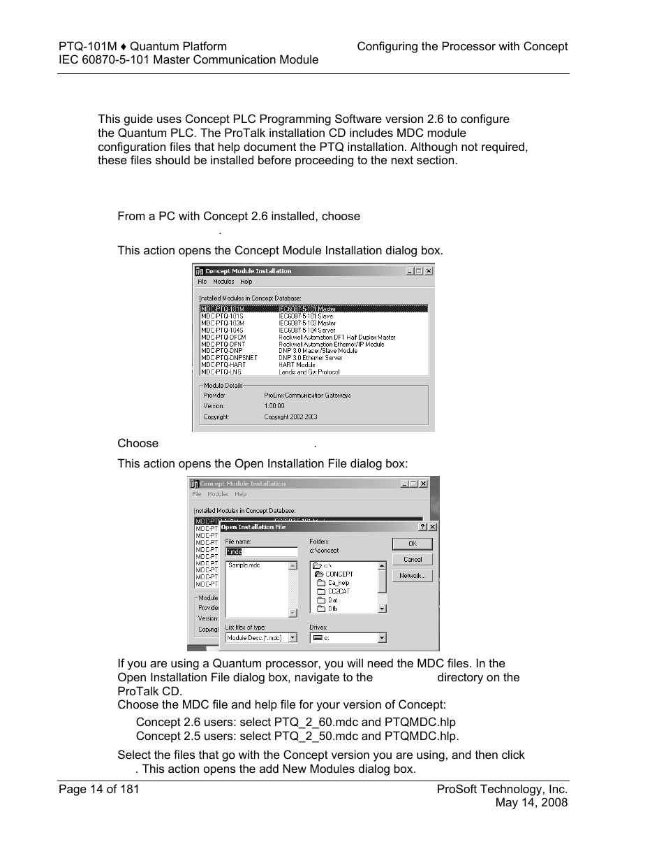 Information for concept version 2.6 users, Installing mdc configuration files, Information | Concept, Version 2.6 users | ProSoft Technology PTQ-101M User Manual | Page 14 / 181