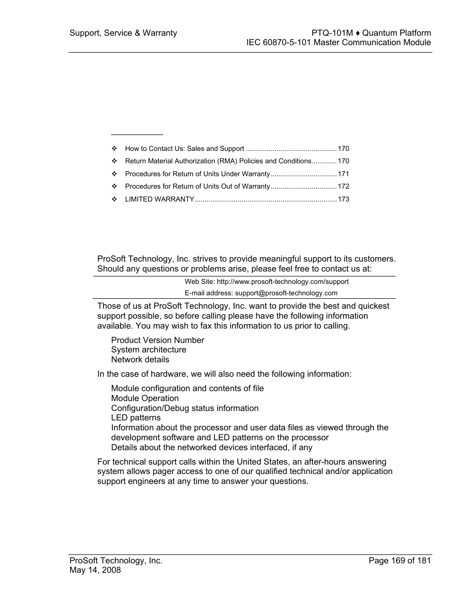 Support, service & warranty, E 169), 8support, service & warranty | ProSoft Technology PTQ-101M User Manual | Page 169 / 181
