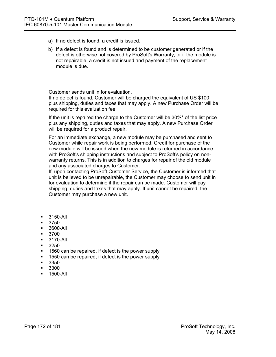 Procedures for return of units out of warranty, Un-repairable units | ProSoft Technology PTQ-101M User Manual | Page 172 / 181