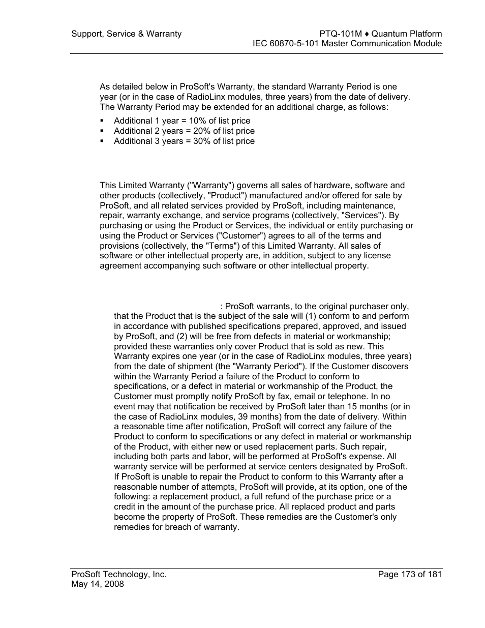 Purchasing warranty extension, Limited warranty, What is covered by this warranty | Limited, Warranty | ProSoft Technology PTQ-101M User Manual | Page 173 / 181