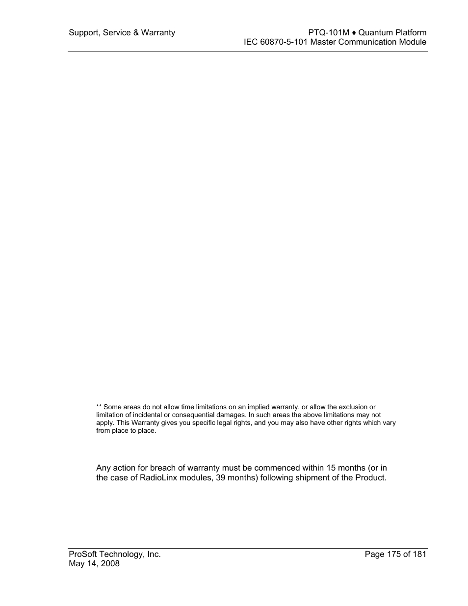 Disclaimer regarding high risk activities, Disclaimer of all other warranties, Limitation of remedies | Time limit for bringing suit | ProSoft Technology PTQ-101M User Manual | Page 175 / 181