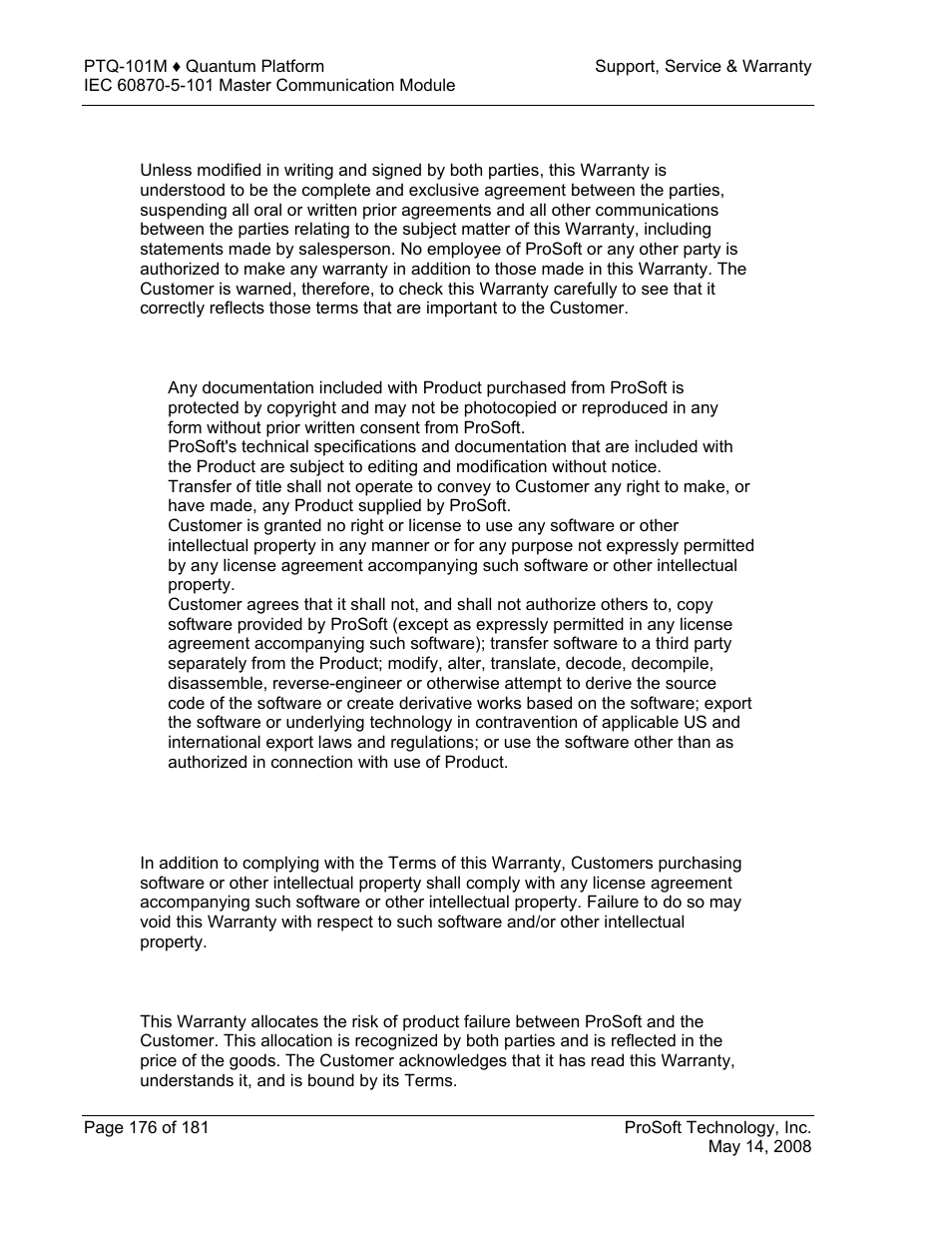 No other warranties, Intellectual property, Allocation of risks | ProSoft Technology PTQ-101M User Manual | Page 176 / 181