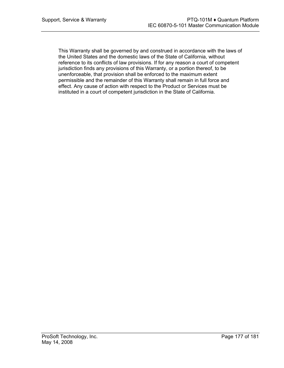Controlling law and severability | ProSoft Technology PTQ-101M User Manual | Page 177 / 181