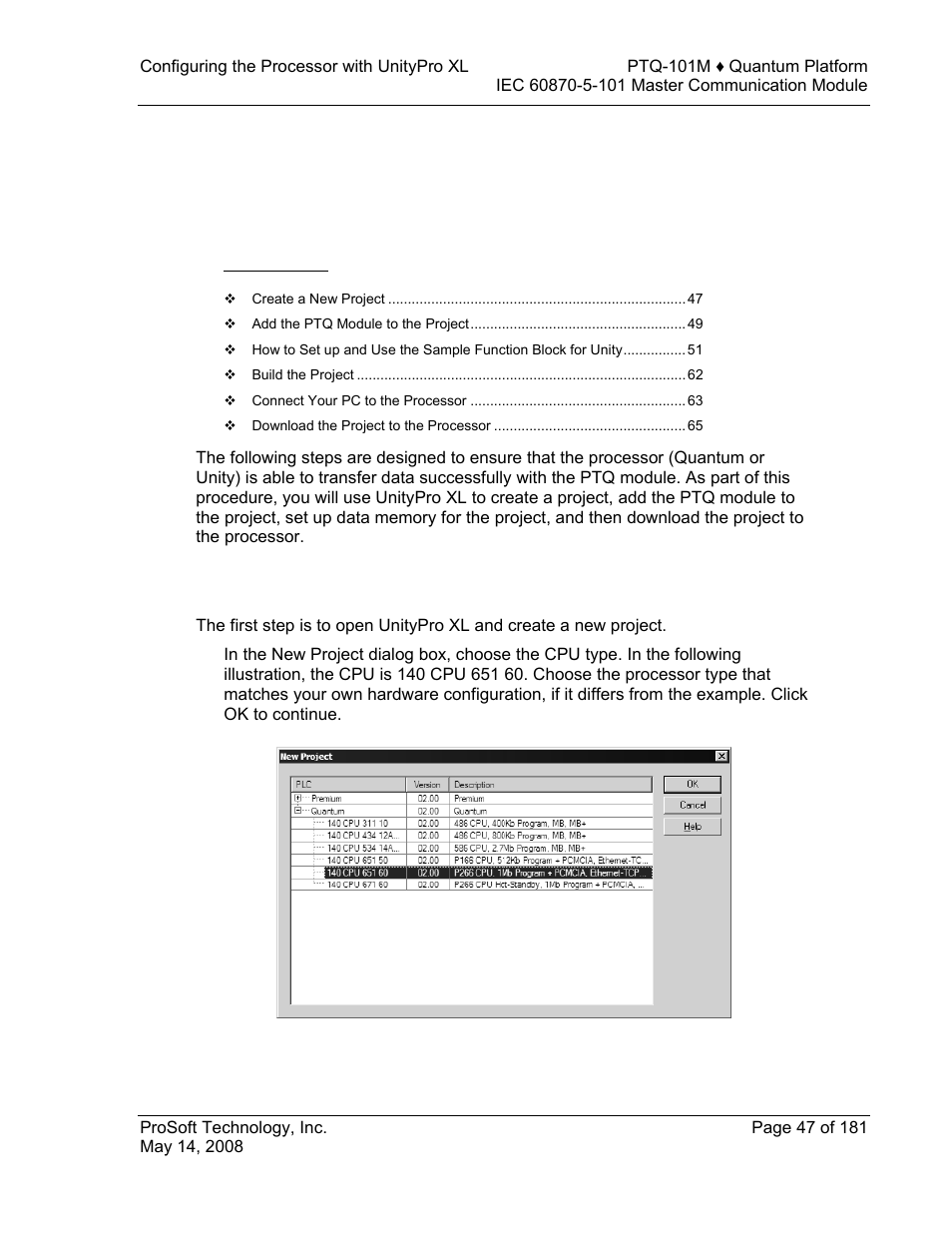 Configuring the processor with unitypro xl, Create a new project, 4configuring the processor with unitypro xl | ProSoft Technology PTQ-101M User Manual | Page 47 / 181