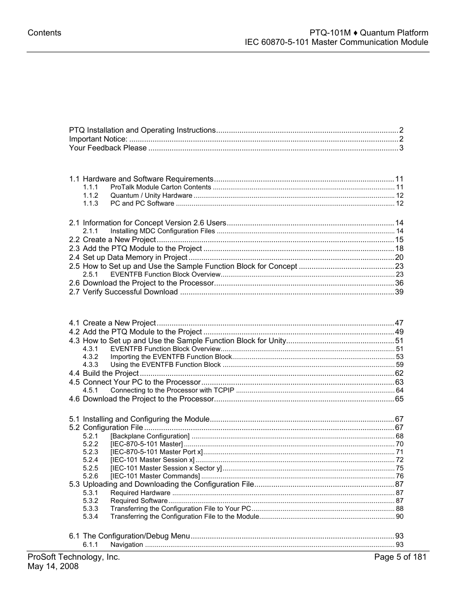 ProSoft Technology PTQ-101M User Manual | Page 5 / 181