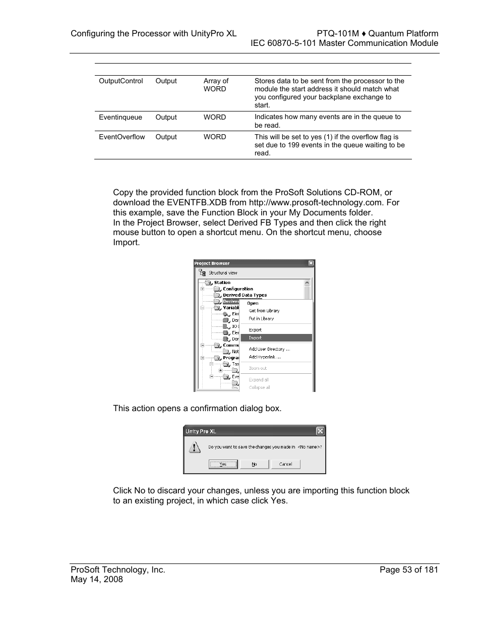 Importing the eventfb function block | ProSoft Technology PTQ-101M User Manual | Page 53 / 181
