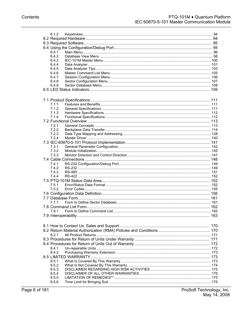 ProSoft Technology PTQ-101M User Manual | Page 6 / 181
