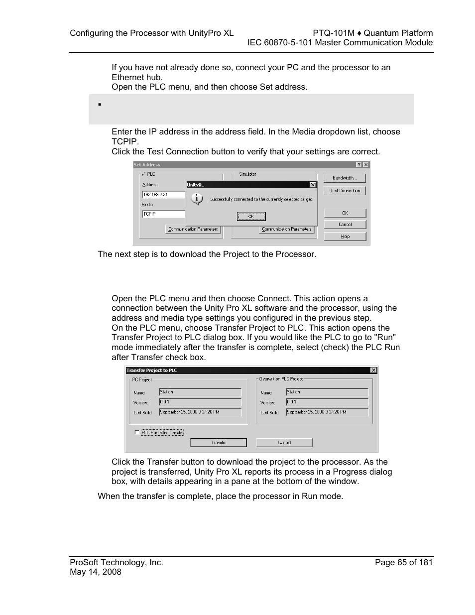 Download the project to the processor, Download, Project | To the processor | ProSoft Technology PTQ-101M User Manual | Page 65 / 181