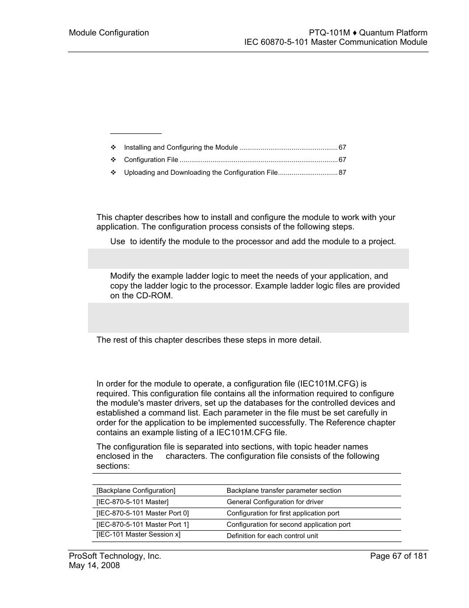 Module configuration, Installing and configuring the module, Configuration file | 5 module configuration | ProSoft Technology PTQ-101M User Manual | Page 67 / 181